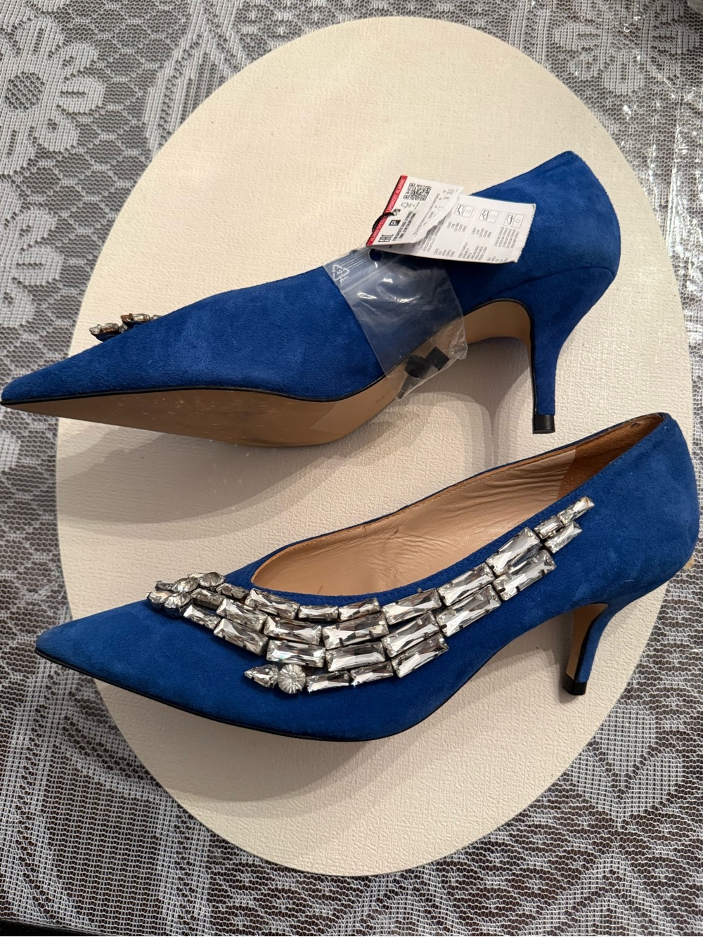 Crystal-Embellished Royal Blue Suede Pointed Kitten Heels